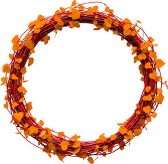 Rustic red twig wreath decorated with glowing golden heart-shaped leaves for fall.