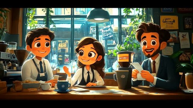 Animated baristas at a sunlit cafe