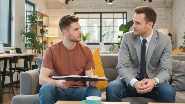 Two men having a professional discussion in a modern office setting. One is casually dressed, taking notes, while the other is in a suit, suggesting a collaborative work environment.