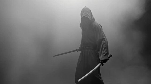 Mysterious figure in hooded cloak wielding swords amidst swirling smoke, creating an atmosphere of suspense and intrigue perfect for fantasy adventure game trailers or dark thriller film promos