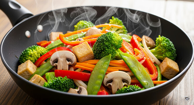 Vegetable stir fry with tofu in wok pan - Powered by Adobe