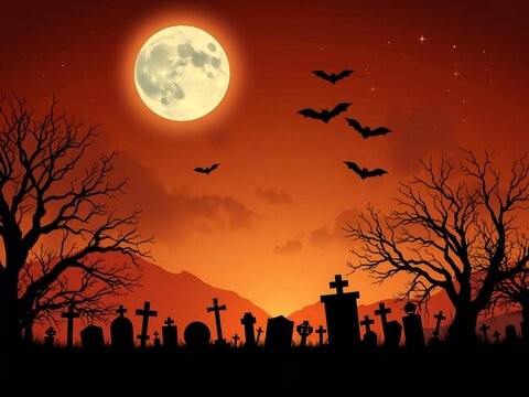 Spooky halloween cemetery scene with full moon bats and silhouette trees under a fiery orange sky white background - Powered by Adobe