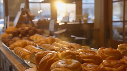 Warm golden sunlight streams across a bakery display case filled with freshly baked croissants, rolls, and pastries, inviting customers for a delicious morning treat