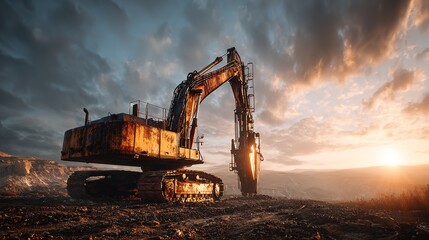 Industrial excavator silhouetted against sunset sky: A powerful image of construction.