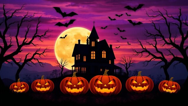 Spooky halloween night scene with jack o lanterns haunted castle silhouetted trees and bats under a full moon white background - Powered by Adobe