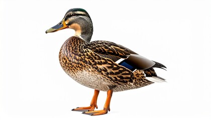Obraz premium A single duck standing in profile on a clean white background, isolated with detailed feathers and natural plumage.