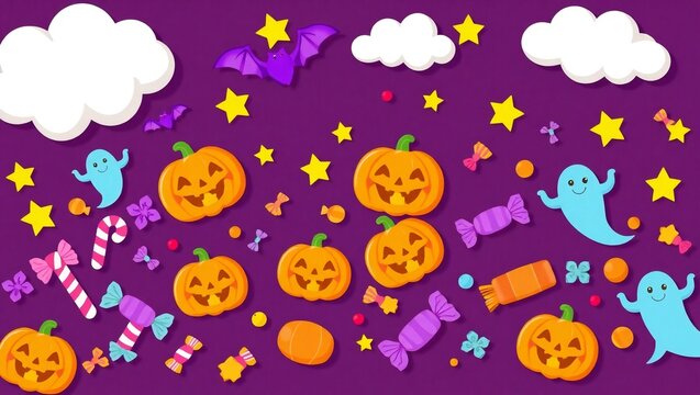 Whimsical halloween scene with smiling pumpkins ghosts candy and stars on purple sky white background