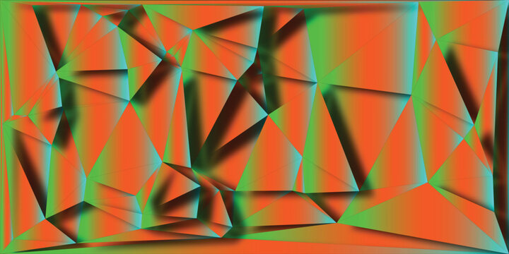 Abstract geometric low poly background with vibrant orange and green gradient and dark shadow effects creating a dynamic 3D visual texture