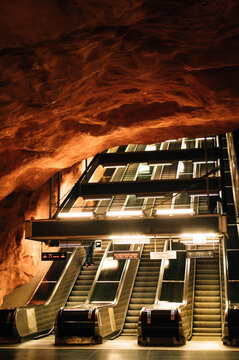 View of escalators on the Radhuset metro station Stockholm.
