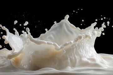 Vibrant splash of white liquid erupting upwards creating a crown like pattern with many small droplets against a plain black background