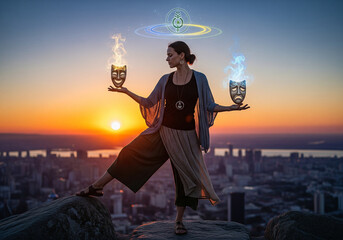 Emotional intelligence, balance emotion control feeling between work stressed or sadness and happy lifestyle concept, mindful calm woman using her hand to balance smile and sad face.