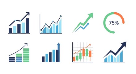 Set of business charts and graphs showing growth and progress on white