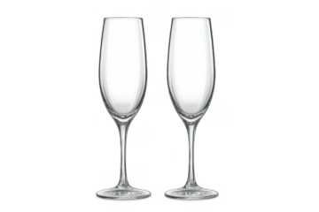 Two empty champagne glasses, transparent flutes for celebrating special moments and events on a blank background
