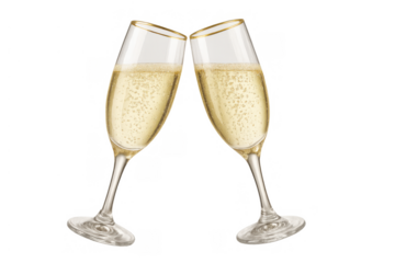 Two flutes filled with sparkling wine clinking together, symbolizing a cheers for happy events and luxury celebrations