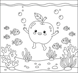 Cute Underwater Apple Character with School of Fish – Fun Ocean Coloring Page Featuring Coral Reef, Bubbles and Marine Life for Kids