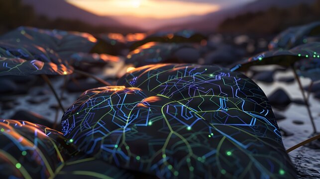 Futuristic AI circuits on partially visible leaves with glowing black, deep blue, neon green, and soft sunset tones, abstract shapes, blurred streams and mountains, high-tech organic fusion.