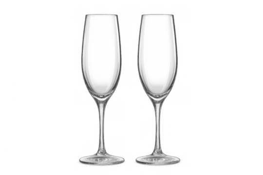 Two empty champagne glasses, transparent flutes for celebrating special moments and events on a blank background - Powered by Adobe