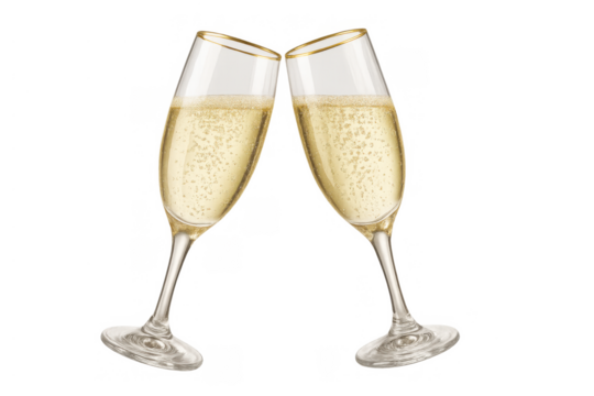 Two flutes filled with sparkling wine clinking together, symbolizing a cheers for happy events and luxury celebrations