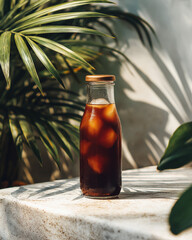 Stylish glass bottle of cold brew coffee on white marble