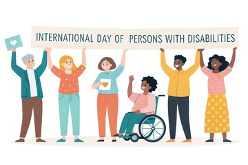 Diverse group of people celebrating International Day of Persons with Disabilities holding a banner vector illustration for social awareness campaigns
