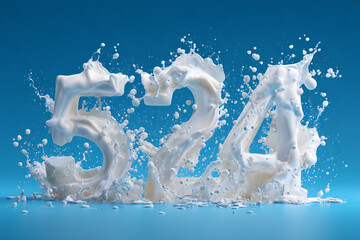 Energetic white liquid splashes form the numbers five two four against a bright blue backdrop