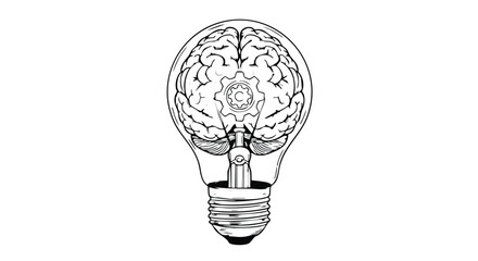 Hand drawn concept illustration of brain inside lightbulb with gear creativity and ideas