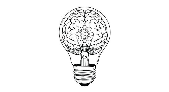 Hand drawn concept illustration of brain inside lightbulb with gear creativity and ideas