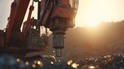 Hydraulic Breaker Ripping Through Earth at Construction Site During Golden Sunset Hour