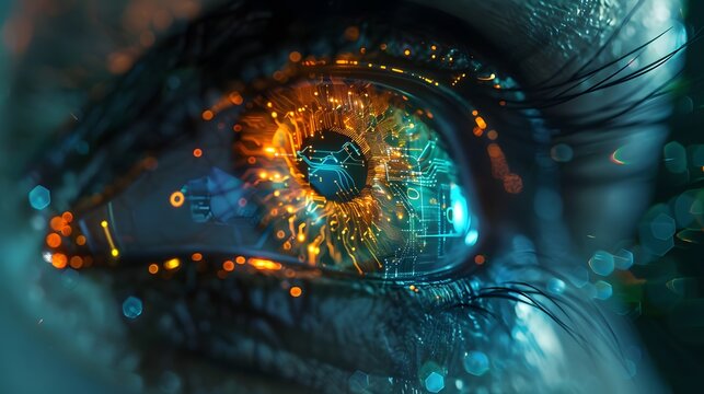 Close-up human eye with glowing AI circuits, digital grids, futuristic pathways, realistic skin, cinematic lighting, black, blue, neon green, orange."