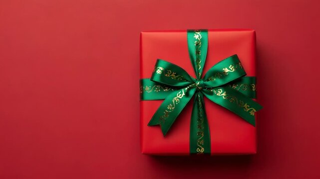Red gift box with green ribbon and gold pattern on red background