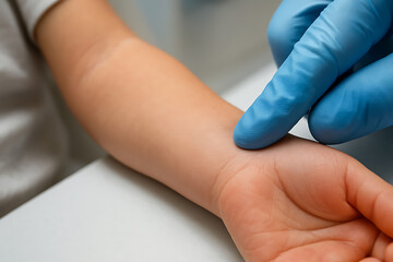 A gloved medical professional gently palpates a child’s wrist during a routine health assessment, capturing the soft skin texture and careful clinical touch in a clean healthcare setting.