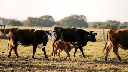 Cows and Calf Walking in a Pasture Under Soft Evening Light