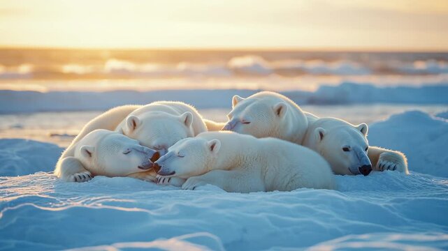 Family of polar bears resting together on the arctic ice at sunset