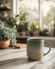 Diffused light kitchen counter with ceramic coffee mug