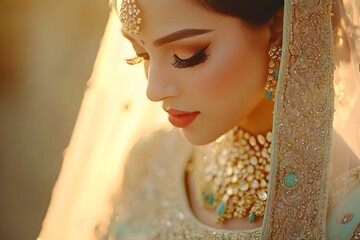 Indian Bridal Woman in Sari and Heavy Lehenga