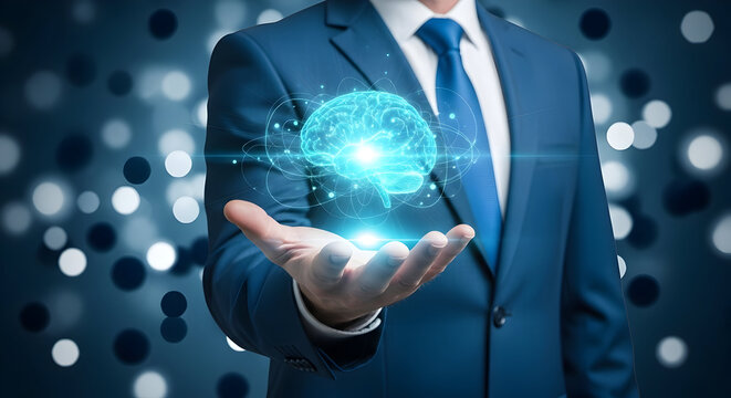 Professional holding glowing brain hologram offering innovative solutions and strategic thinking for business success in a connected world, digital future