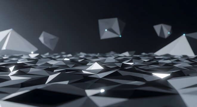 Abstract geometric shapes floating over a textured polygonal surface in dark scene