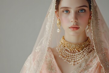 Woman Posing with Sari Draping and Lehenga Set