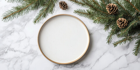 Empty plate on marble with pine branches and cones holiday table setting