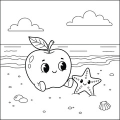 Cute Apple Character on Beach with Starfish – Fun Summer Coloring Page for Kids Featuring Ocean Waves, Sand and Seashells