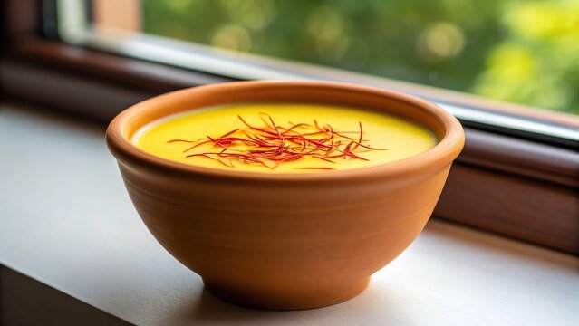 Golden saffron infused drink in a clay cup
