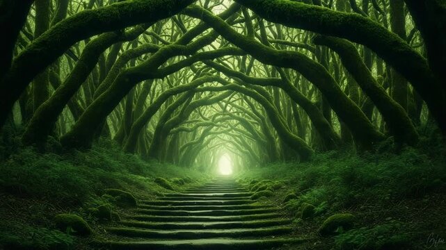 Enchanted forest path with mossy trees and stone steps