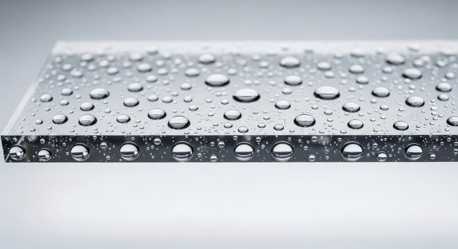 Close-up of clear surface with numerous spherical water droplets reflecting light.