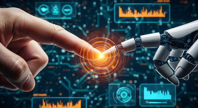 Human and AI interface merging in a futuristic handshake, showcasing a powerful connection with advanced technology for innovative solutions - Powered by Adobe