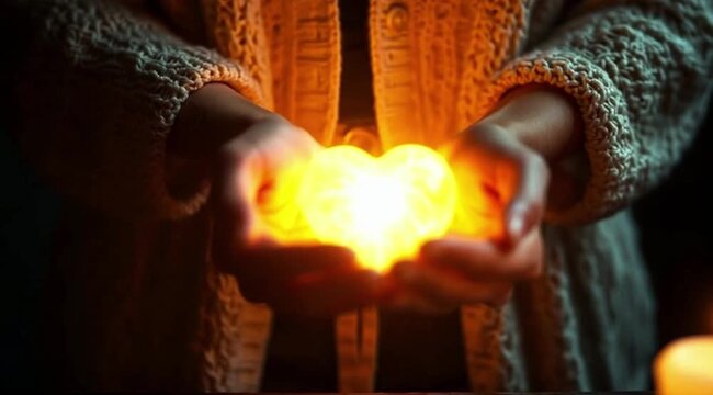 Woman holding glowing heart-shaped object in dark setting  