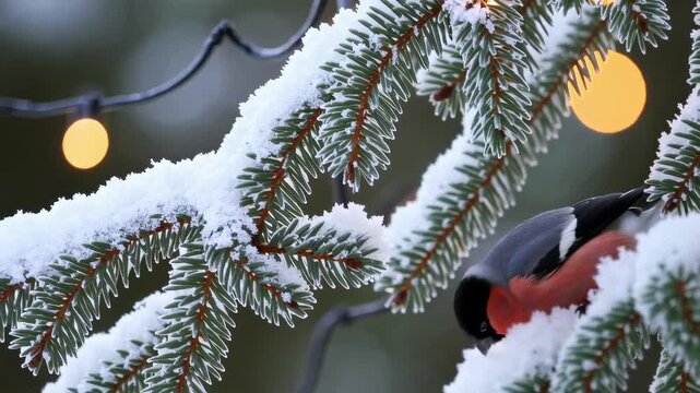 Snow-covered evergreen branches with glowing lights next to a bullfinch on a winter day. concept of serene winter landscape, festive holiday decoration, peaceful nature scene.