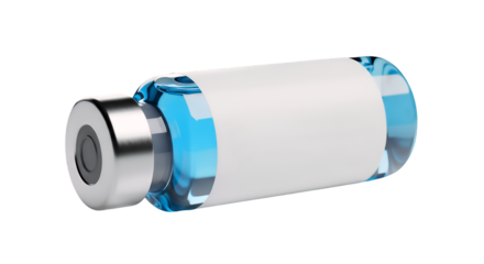 Medical glass vial with blue liquid, metallic cap, and blank label, 3D rendered and isolated on a clean transparent background