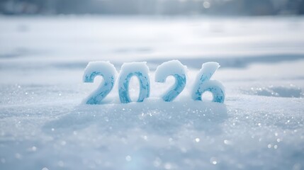 Icy blue numbers covered in snow rest peacefully on a crisp, white, shimmering, snowy background.