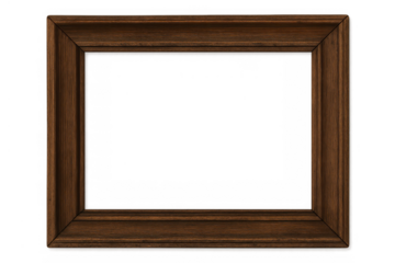 Wooden picture frame with dark brown finish, empty rectangular border, vintage design, transparent background