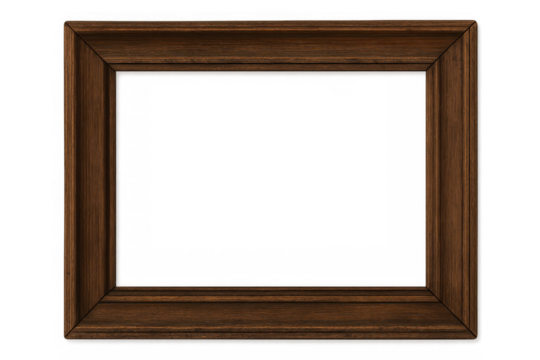Wooden picture frame with dark brown finish, empty rectangular border, vintage design, transparent background